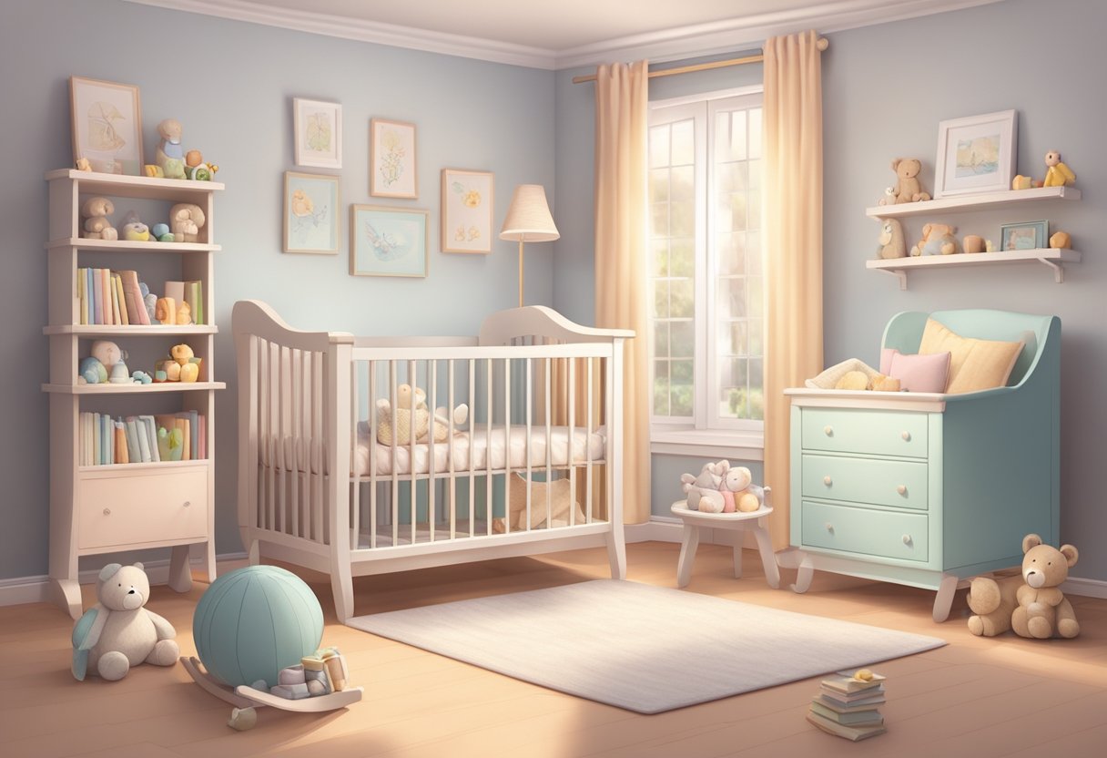 A cozy nursery with soft pastel colors, a rocking chair, and a crib surrounded by toys and books. A warm, nurturing atmosphere for new parents to bond with their baby