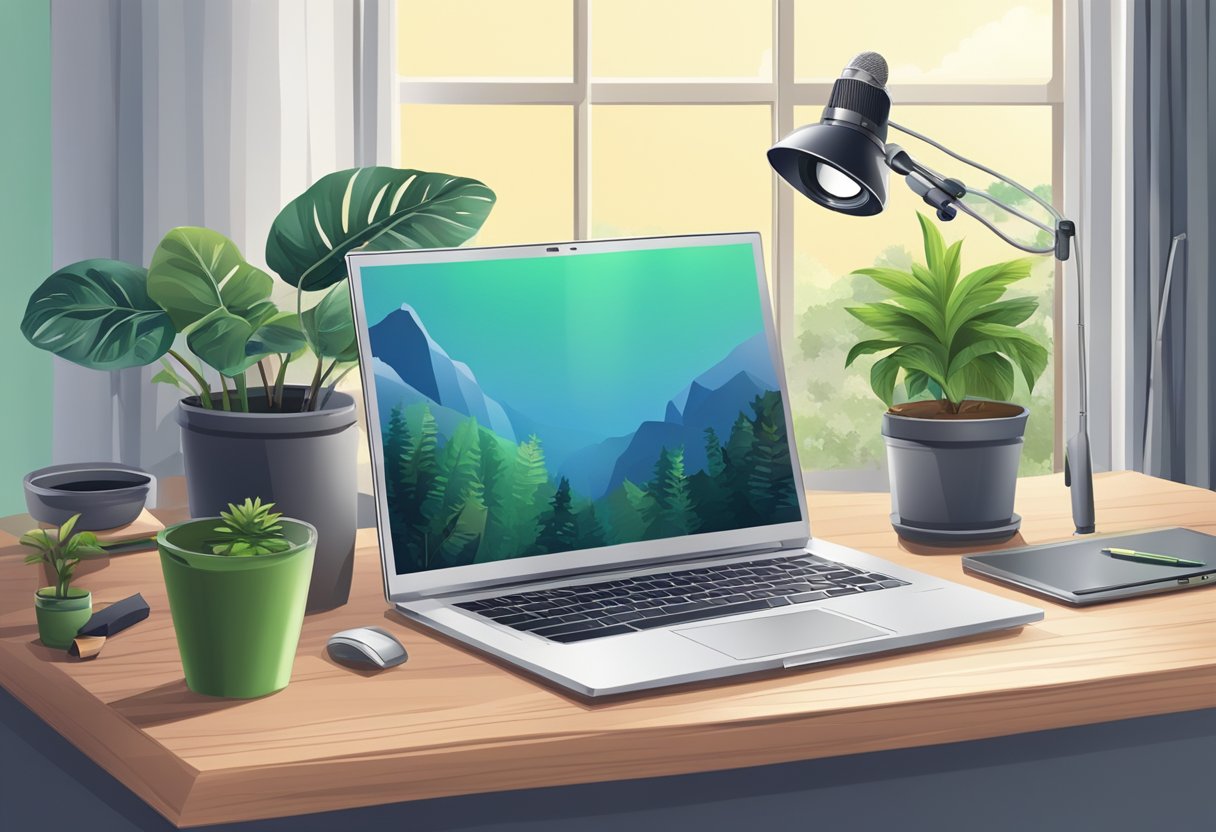 A desk with a laptop, microphone, camera, and notebook. A bright window, plants, and a logo on the laptop