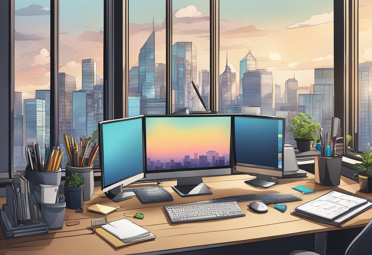 A cluttered desk with a computer, notebook, and various office supplies. A window shows a cityscape in the background