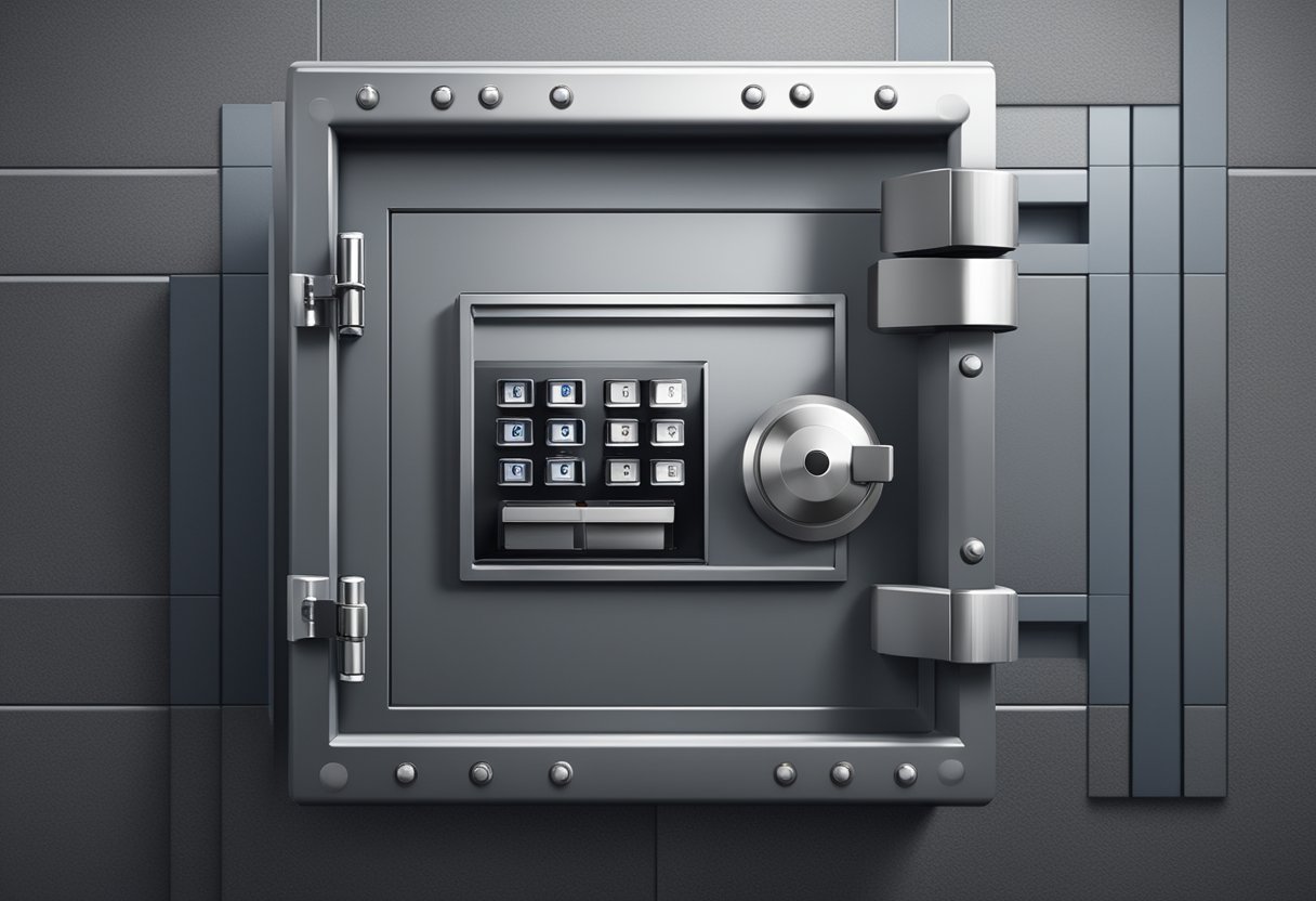 A secure vault with multiple layers of protection, a key and lock, and a digital password entry system