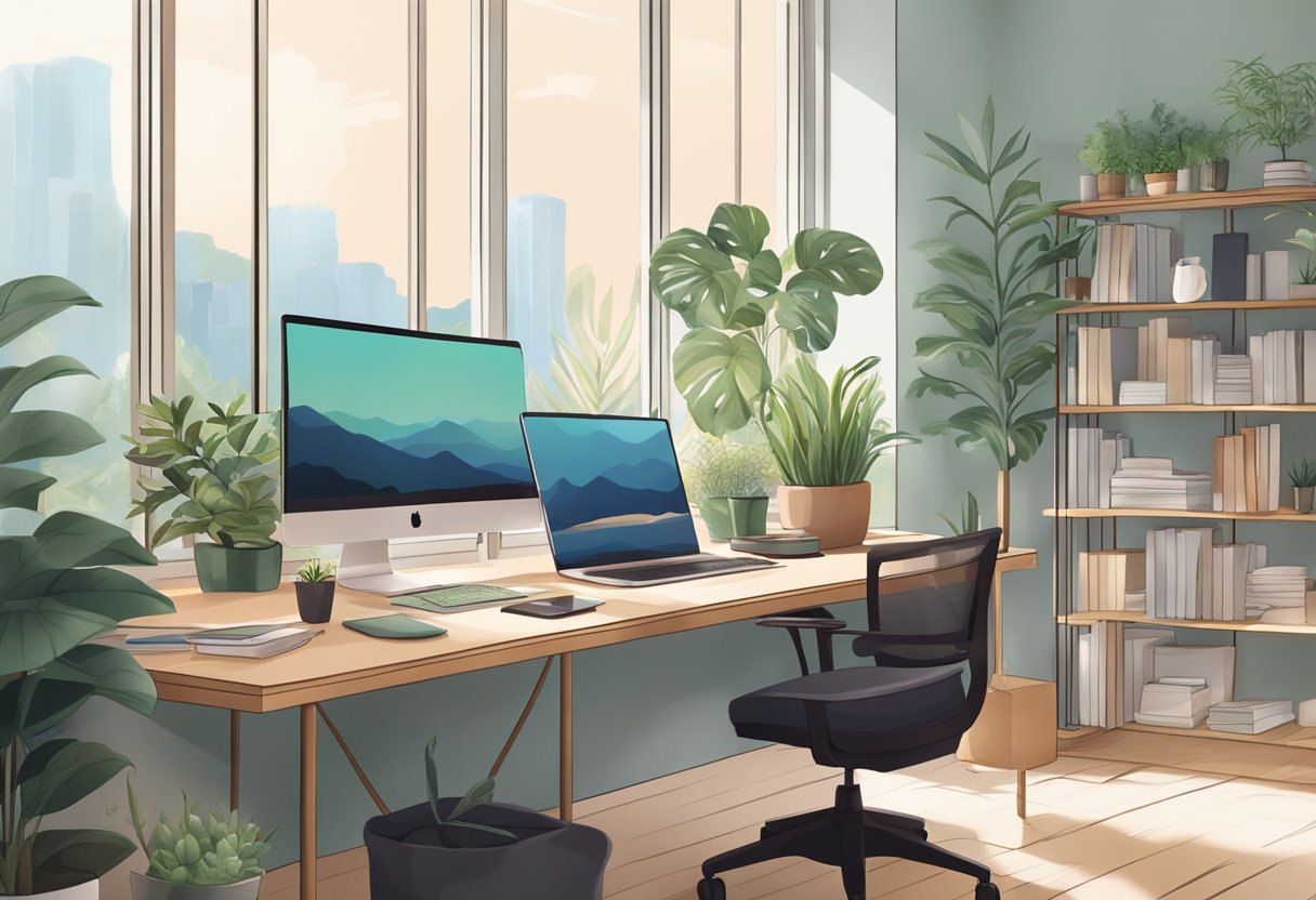 A serene office with plants, natural light, and calming colors. Soft music plays in the background as a person takes a deep breath at their organized desk