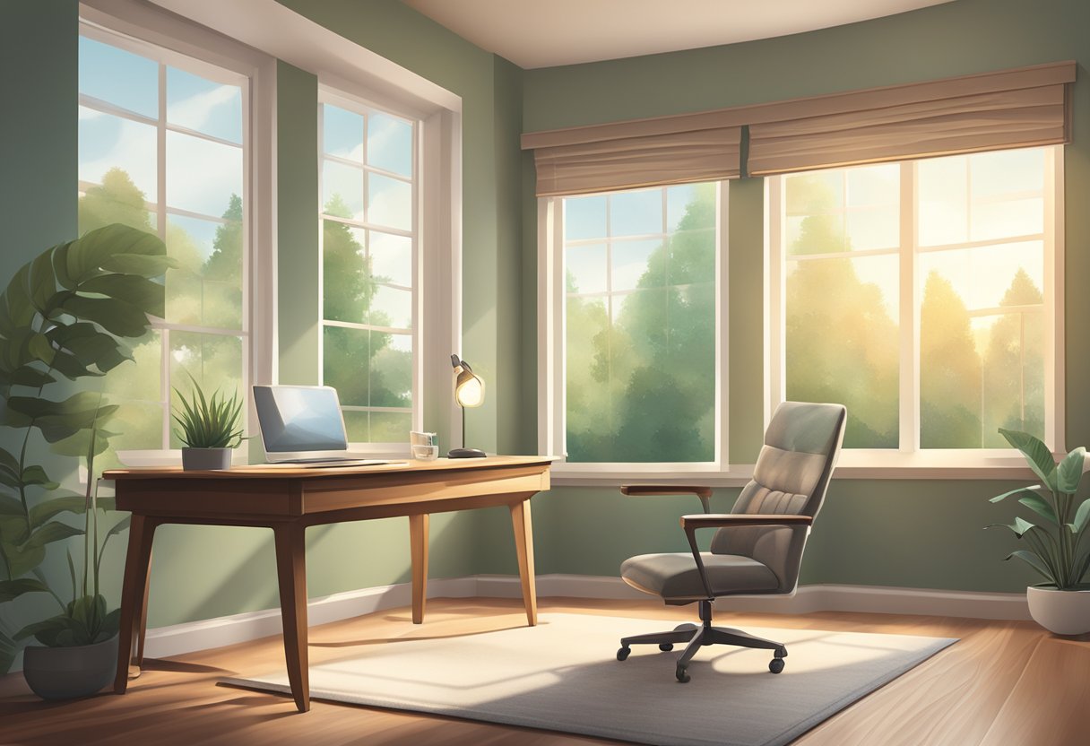 A tranquil office setting with soft lighting, a cozy chair, and a calming view of nature through a window