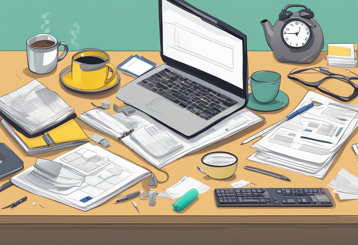 A cluttered desk with scattered papers and a computer screen displaying a busy work schedule. A cup of tea and a stress ball sit nearby