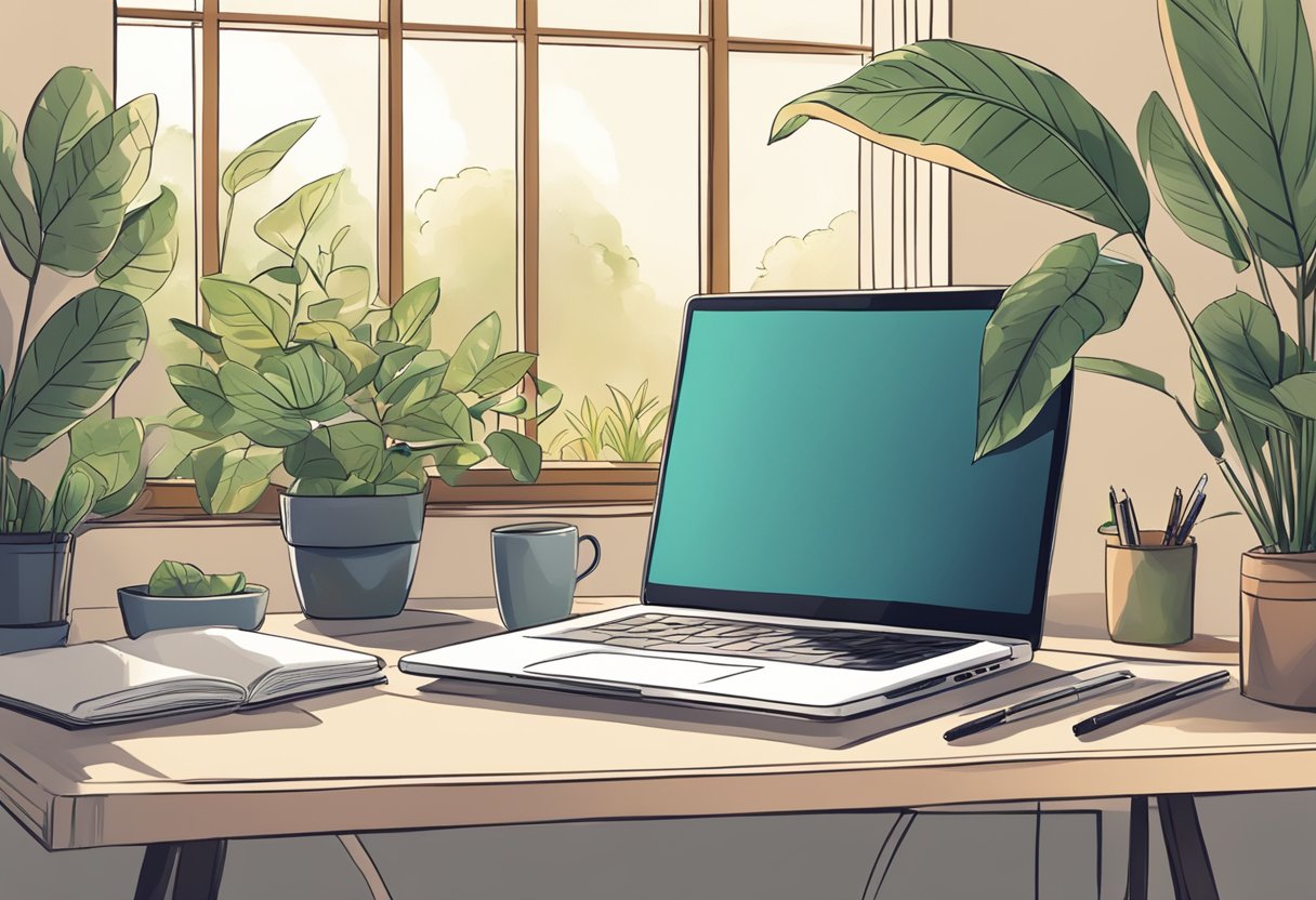 A laptop with a stylus and sketchbook on a desk, surrounded by plants and a warm, natural light