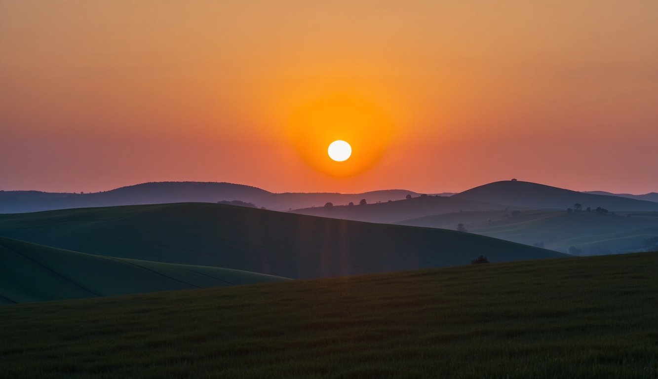 A golden sun setting behind rolling hills, casting a warm glow over a tranquil landscape