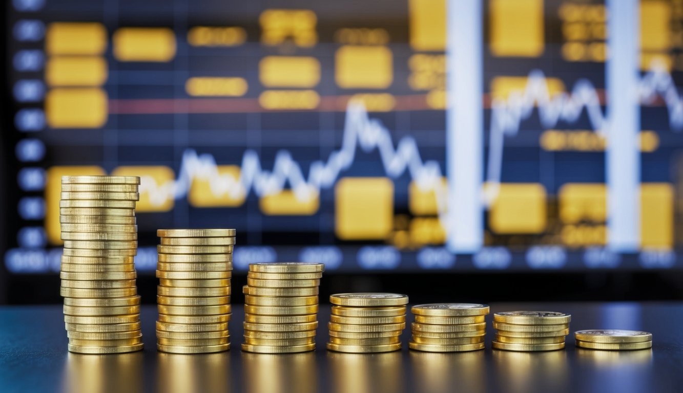 A stack of gold coins and bars arranged on a table, with a line graph showing fluctuating gold prices in the background