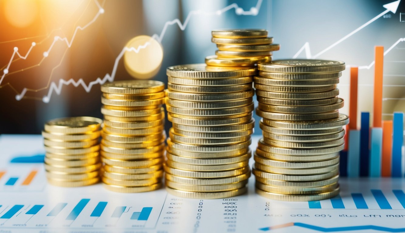 A stack of gold coins and bars surrounded by graphs and charts showing macroeconomic indicators