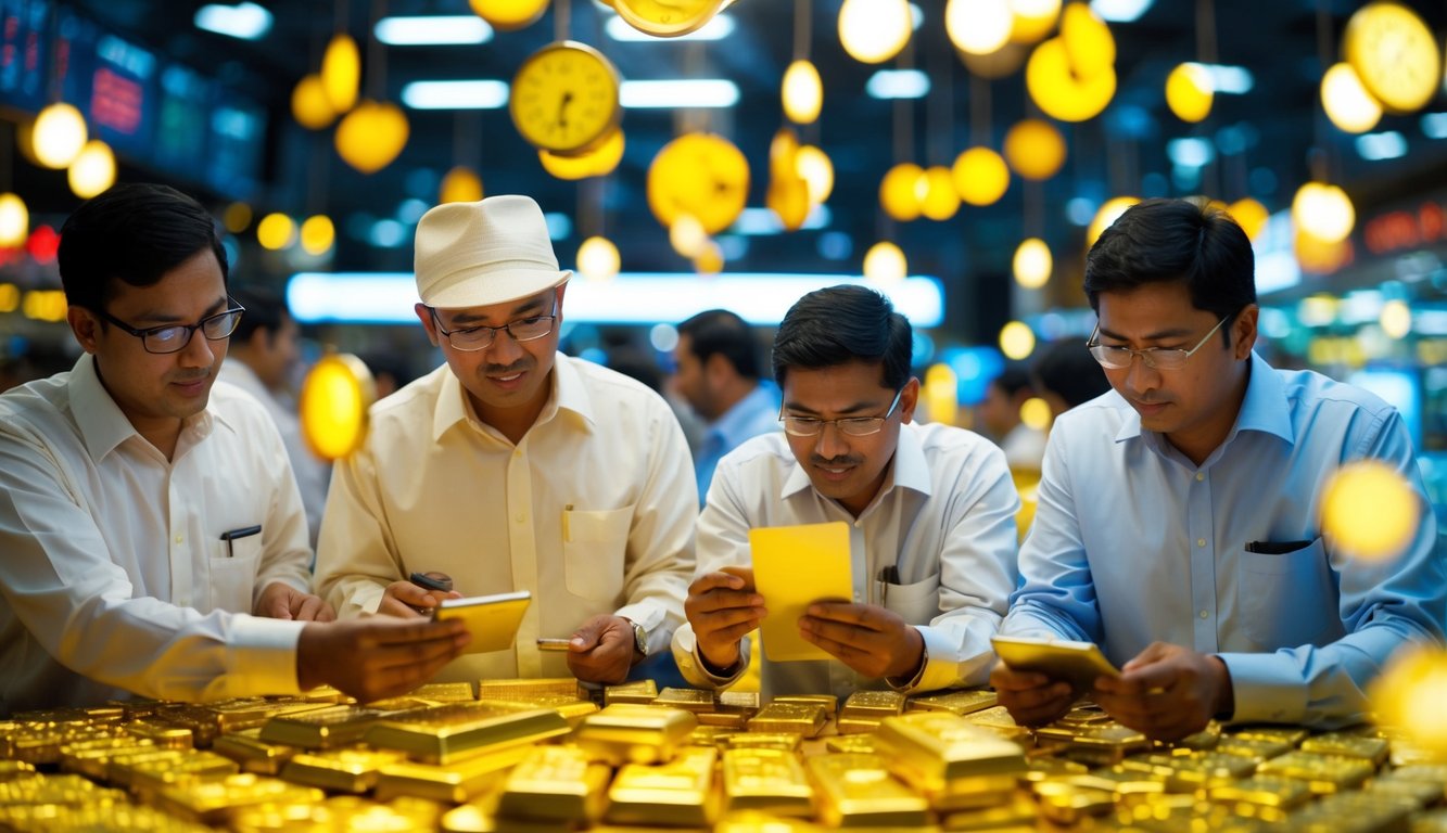 A bustling gold market with traders examining prices and charts, surrounded by glowing gold bars and coins