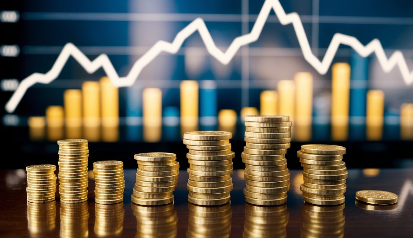 A stack of gold coins and bars displayed on a polished wooden table, with a line graph charting the fluctuating prices in the background