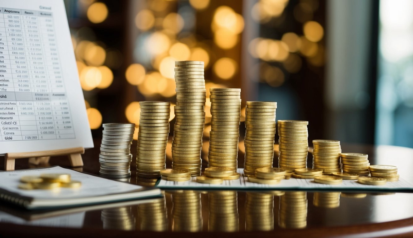 A stack of gold bars and coins arranged on a polished wooden table, with a price chart and investment guide book nearby