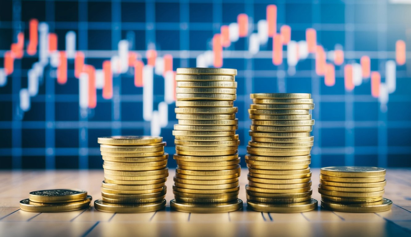 A stack of gold coins and bars displayed alongside graphs and charts tracking fluctuating prices