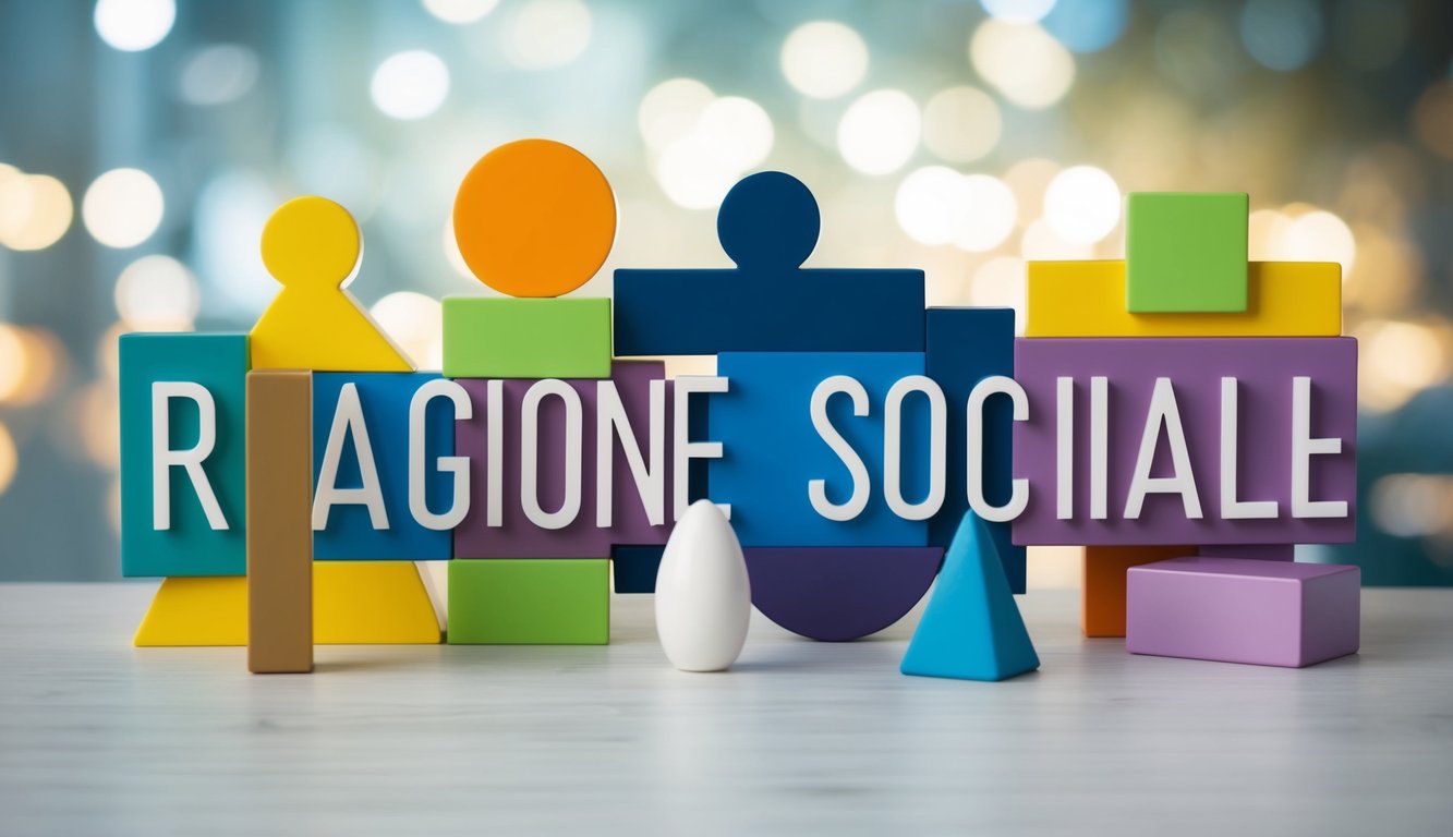 Un gruppo di forme astratte e simboli che rappresentano il concetto di "ragione sociale" in una composizione dinamica e visivamente coinvolgente