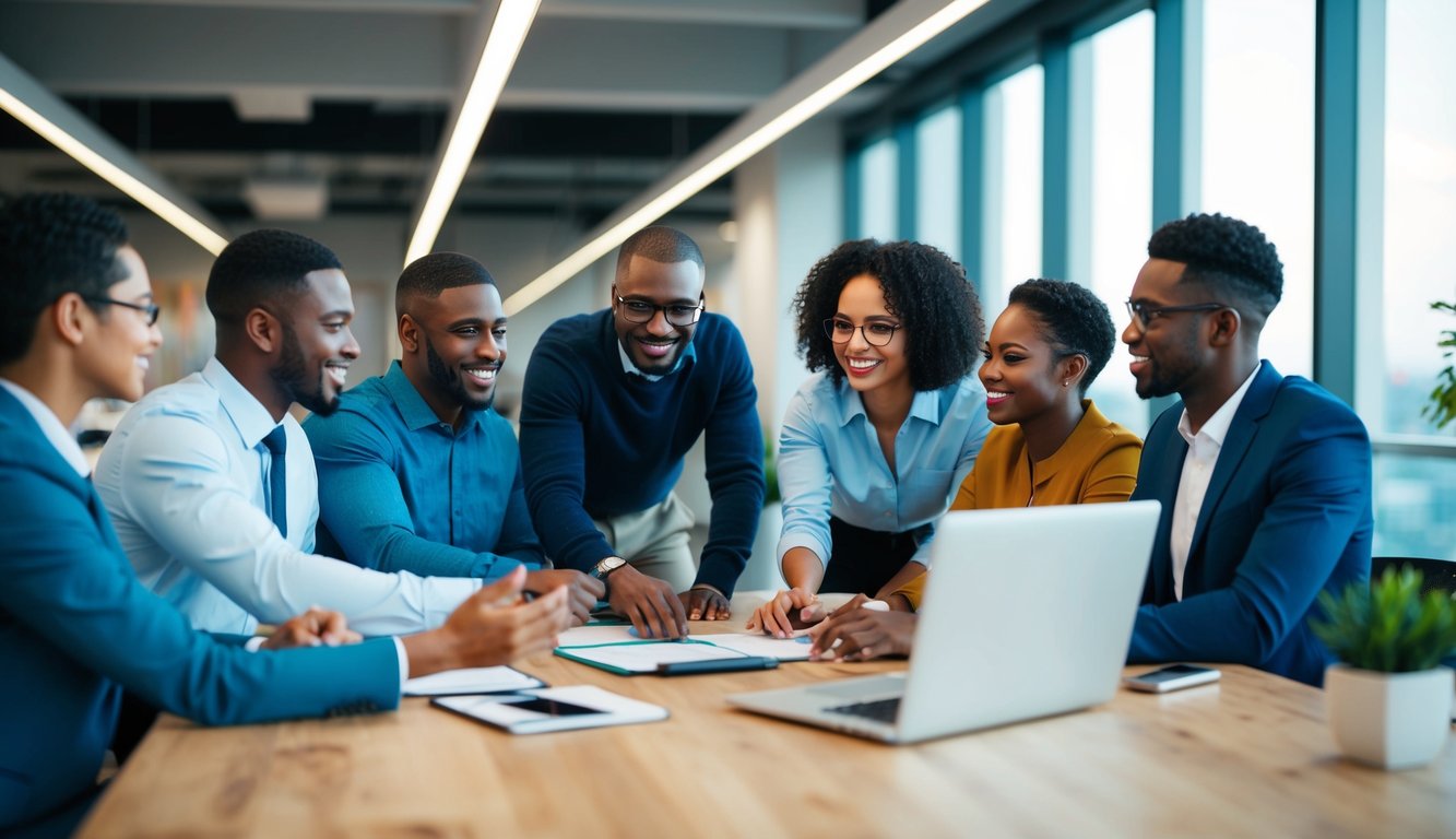 Un gruppo di individui diversi che collaborano in un ambiente d'ufficio moderno, con un focus sul lavoro di squadra e sulla comunicazione.