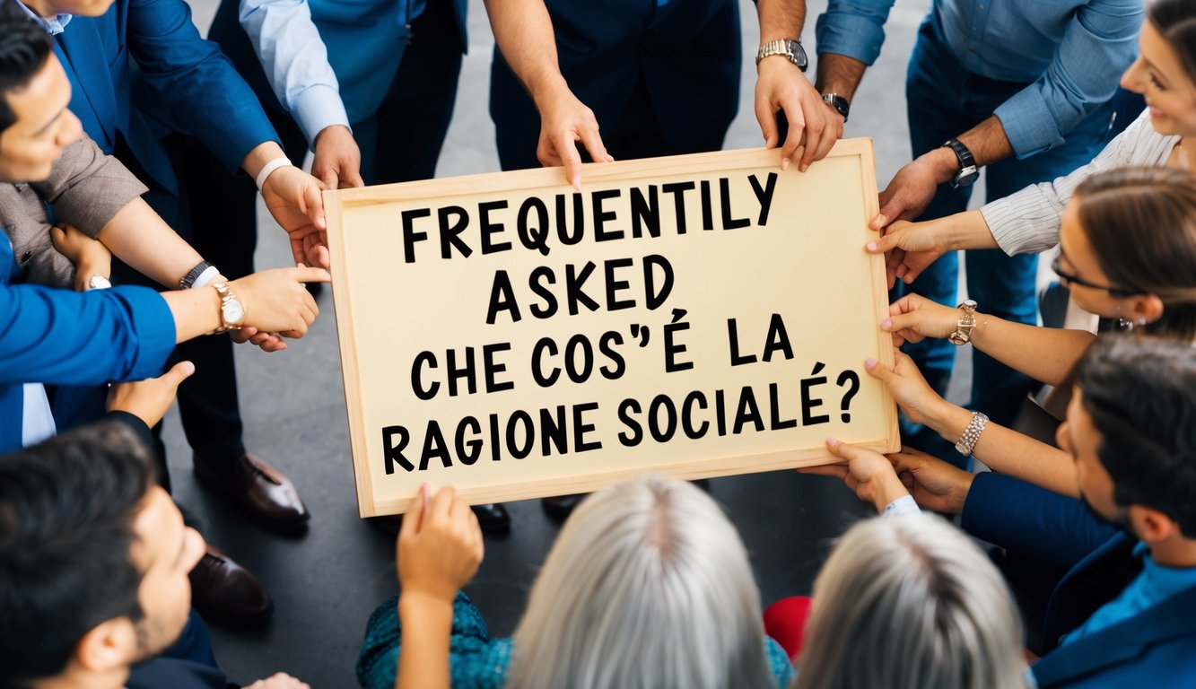 Un gruppo di persone si è riunito intorno a un cartello con le parole "Domande Frequenti" e "Che Cos'è la ragione sociale?" scritte sopra.