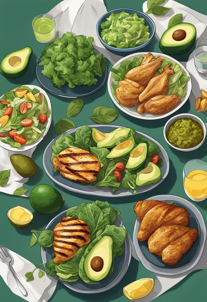 A table with keto high protein meals, including grilled chicken, avocado, and leafy greens, arranged in an appealing and appetizing manner