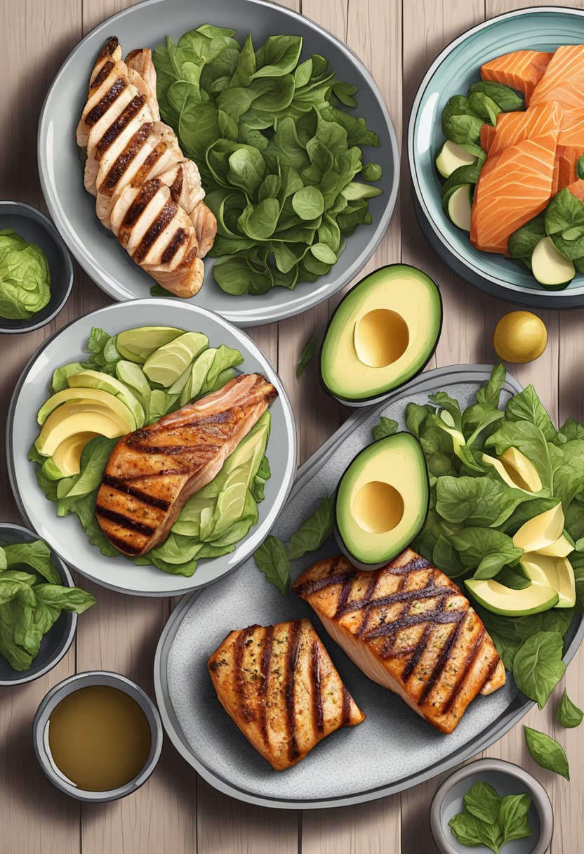 A variety of keto high protein meals arranged on a wooden table, including grilled chicken, salmon, avocado, and leafy greens