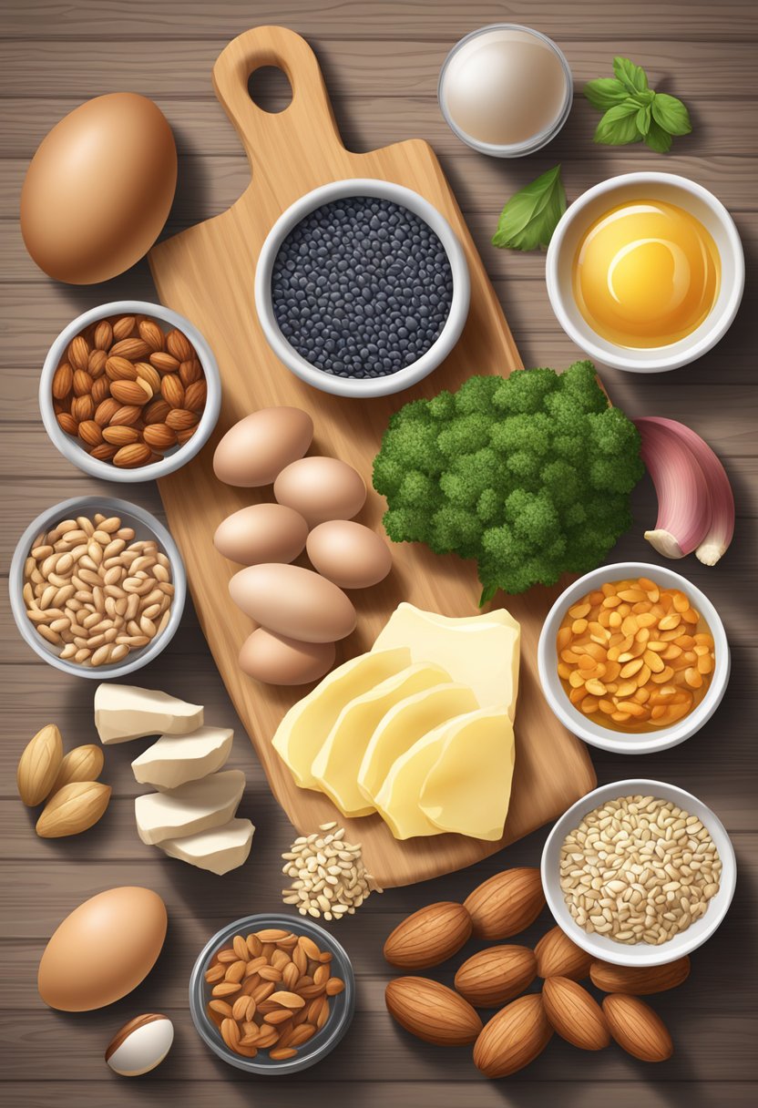 A variety of protein-rich ingredients such as lean meats, eggs, nuts, and seeds arranged on a wooden cutting board