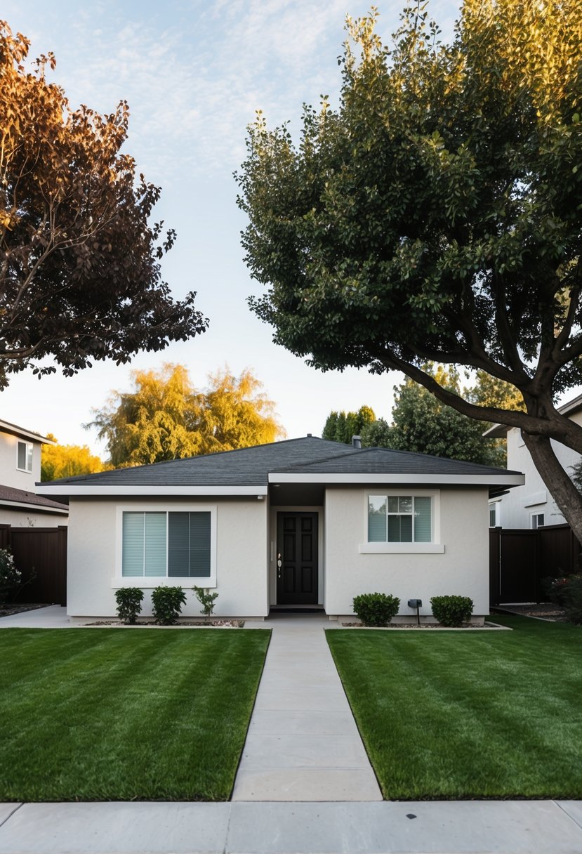 A suburban house with a separate casita in the backyard, surrounded by trees and a small garden