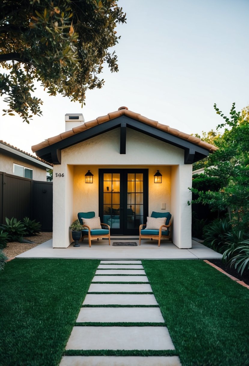 A cozy casita nestled in a lush backyard, complete with a small patio and garden. The cost of adding a casita varies depending on size and features