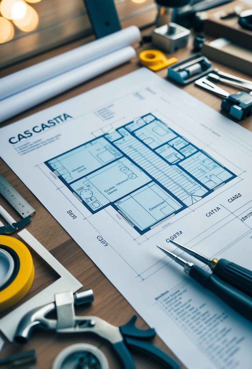 A blueprint of a casita with various labeled cost factors, surrounded by architectural tools and materials