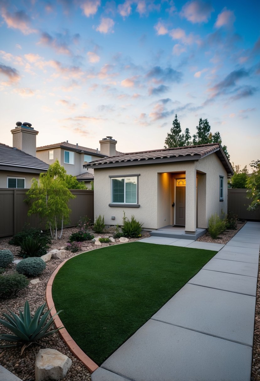 A suburban backyard with a small, detached casita next to the main house, surrounded by landscaping and a paved pathway