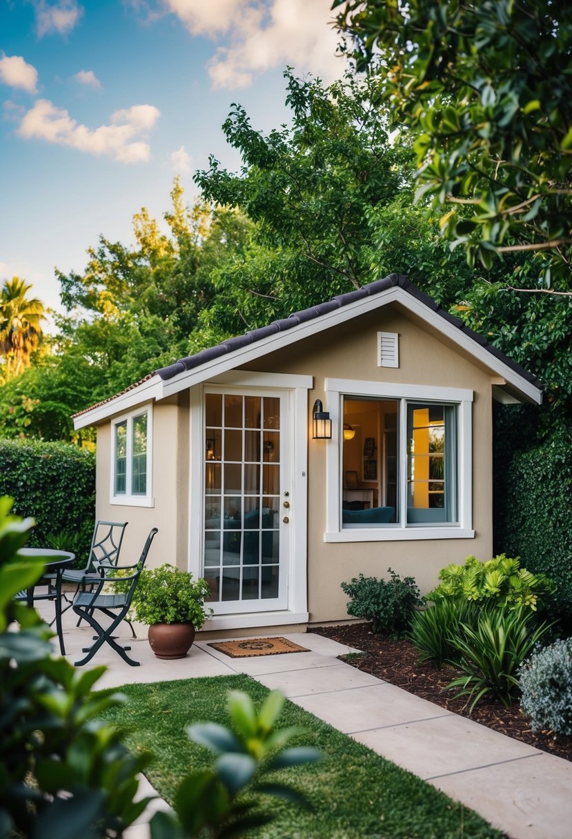 A cozy casita nestled beside a main house, surrounded by lush greenery and a quaint garden. The casita features a small patio and large windows, offering a peaceful and cost-saving option for additional living space