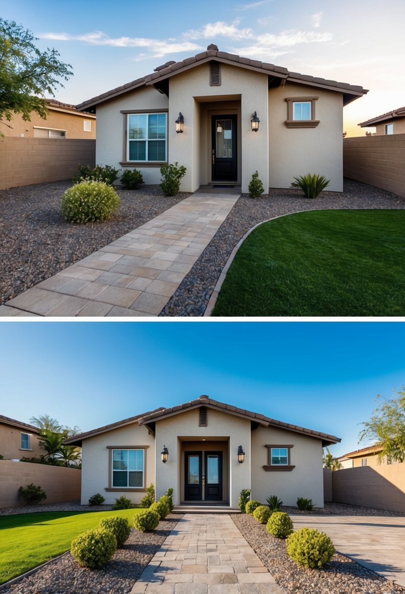 A house with a separate casita, surrounded by landscaping and a paved pathway leading to the entrance. The casita is furnished and has a separate entrance