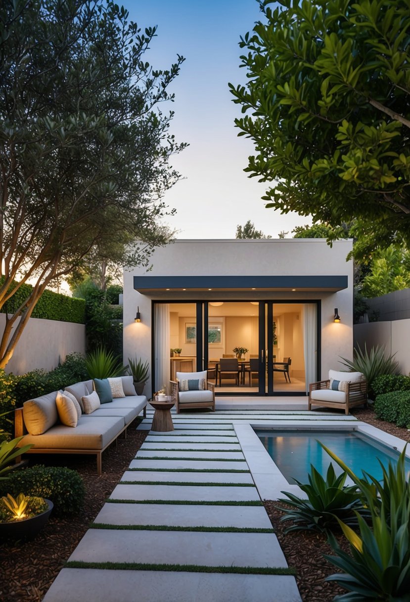 A serene backyard with a modern casita addition, surrounded by lush landscaping and a cozy outdoor seating area