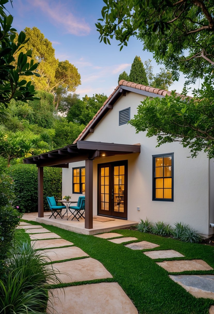 A cozy casita nestled beside a main house, surrounded by lush greenery and a winding stone pathway. A small patio with a table and chairs provides a peaceful spot for relaxation