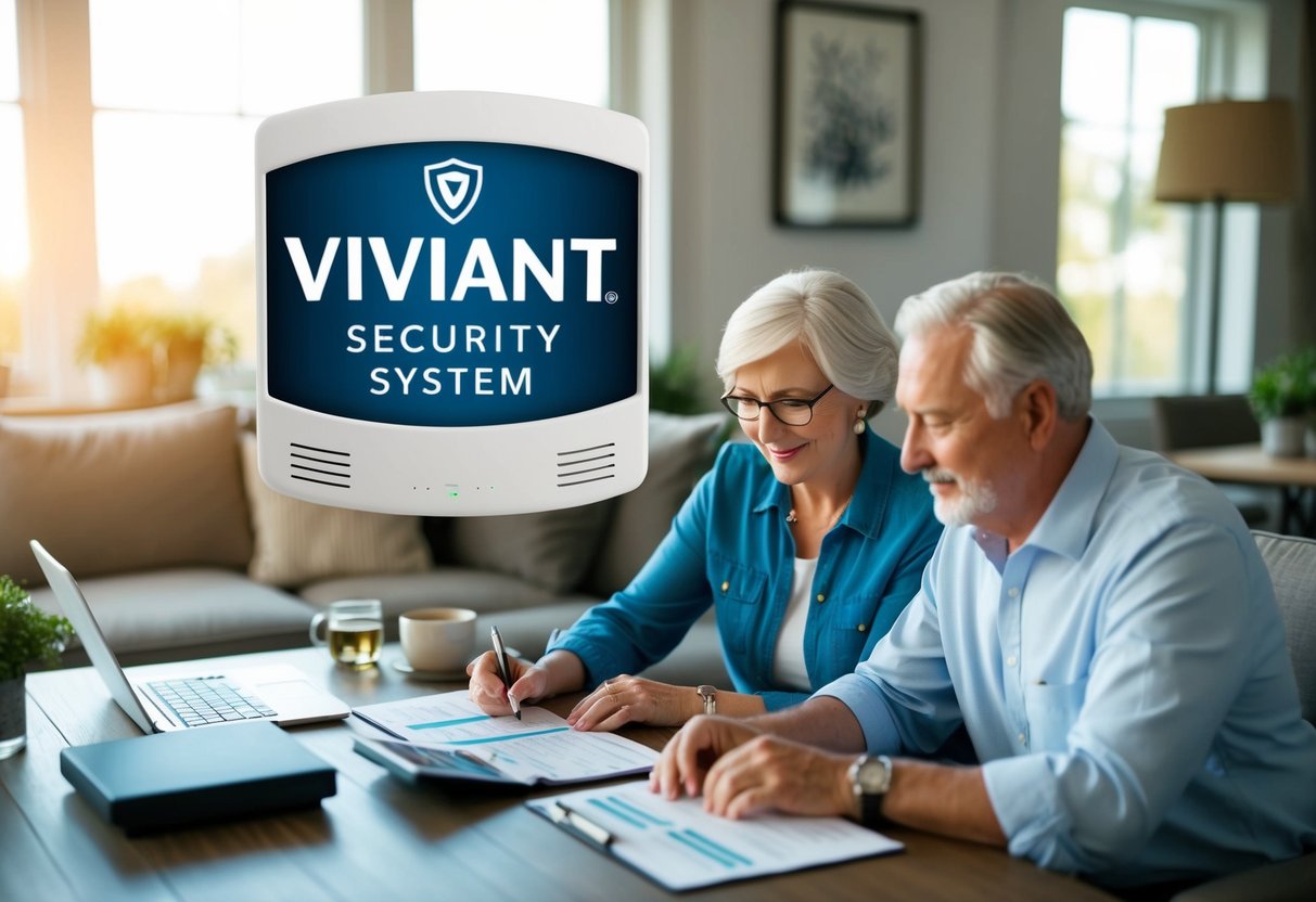 A cozy living room with a senior couple reviewing financial documents, while a Viviant Security system is prominently displayed in the background