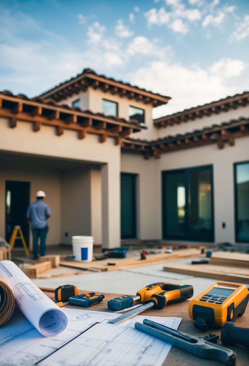 A casita being built with construction materials and tools scattered around. Blueprints and cost estimates are visible on a nearby table