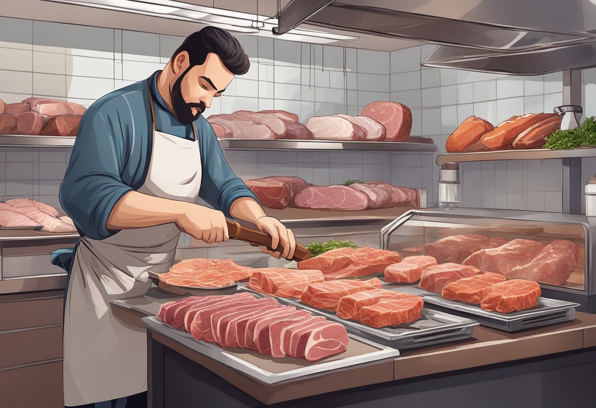 A butcher cuts and grinds various meats, then mixes in seasonings and preservatives before shaping the mixture into long, cylindrical sticks