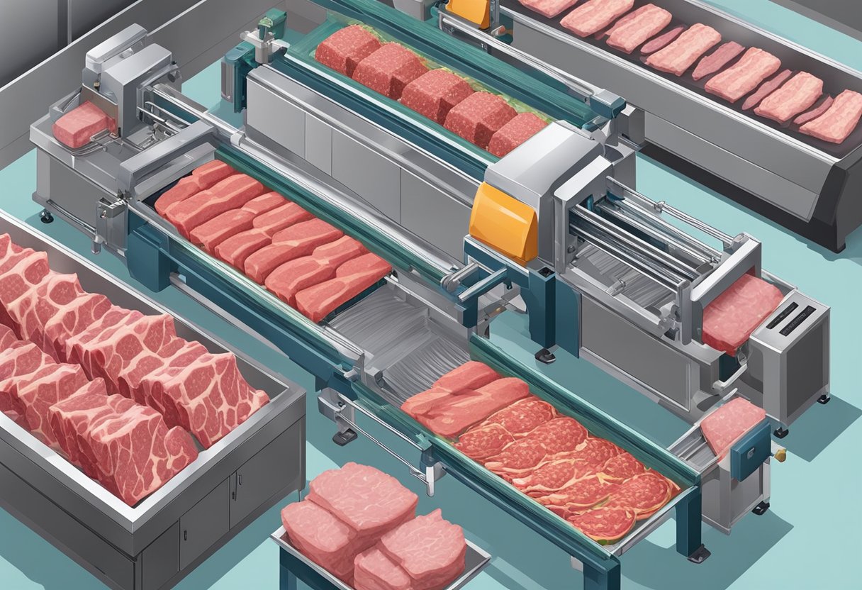 A conveyor belt moving raw meat through various machines and processes, including grinding, mixing, and shaping into meat sticks