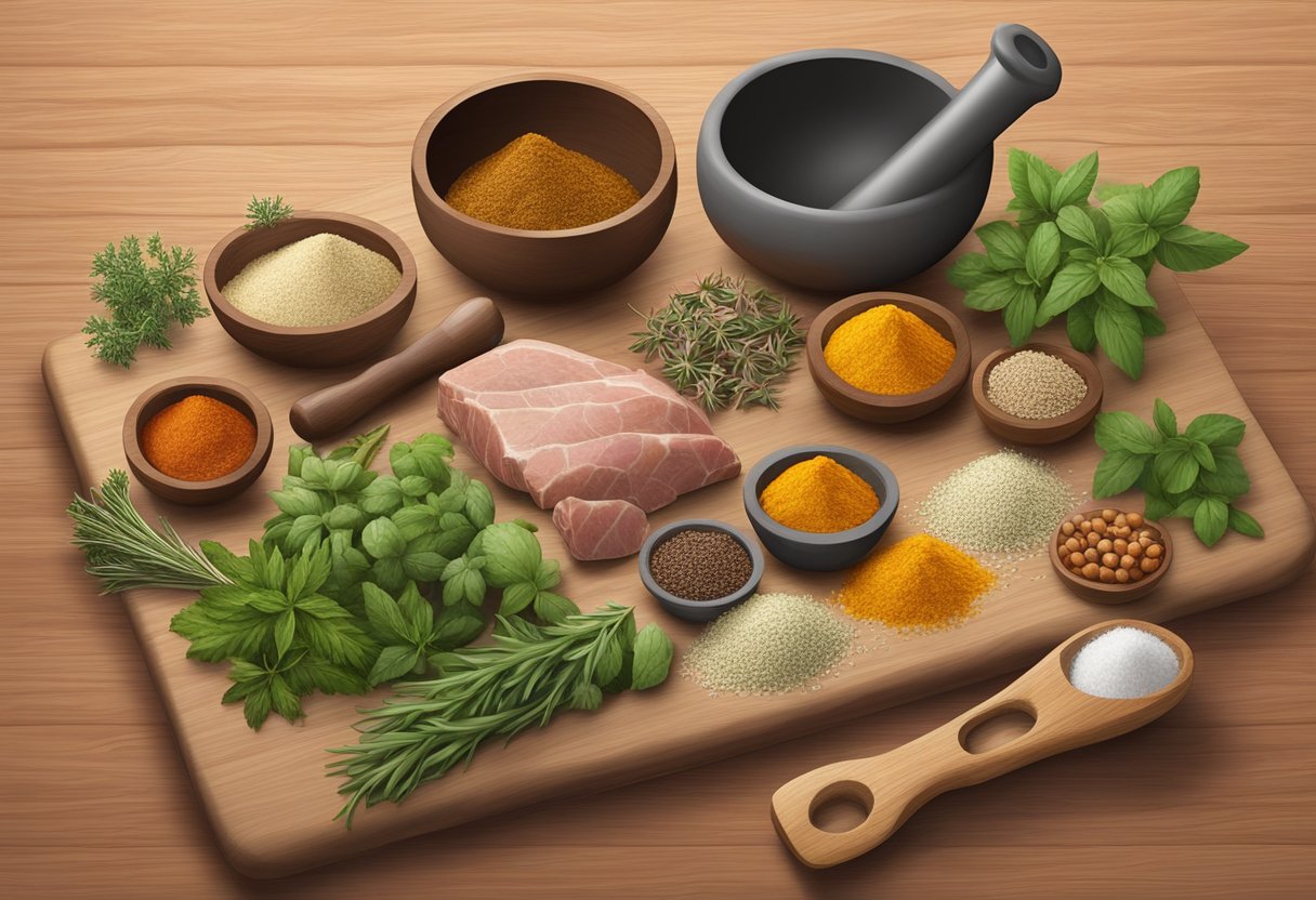 A variety of herbs, spices, and meats arranged on a wooden cutting board. A mortar and pestle sit nearby, ready for grinding