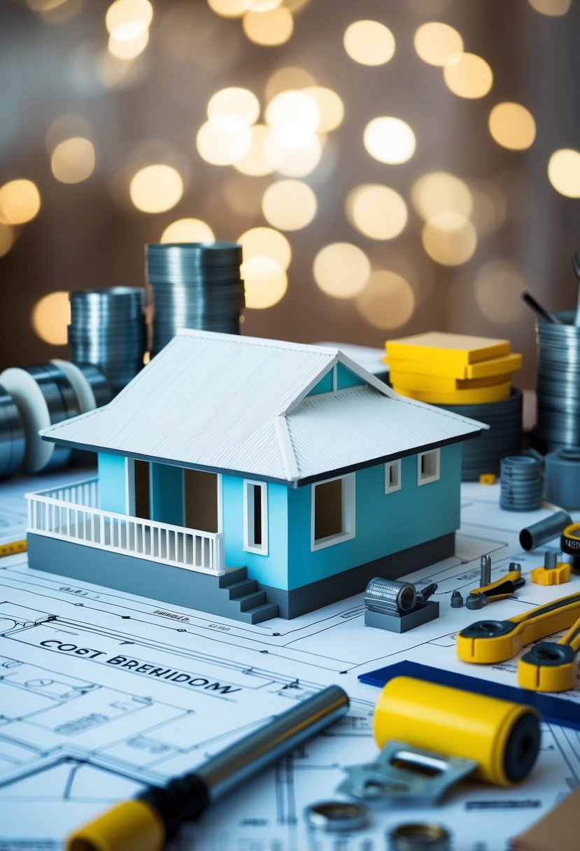 A blueprint of a casita with labeled cost breakdown and various construction materials and tools scattered around