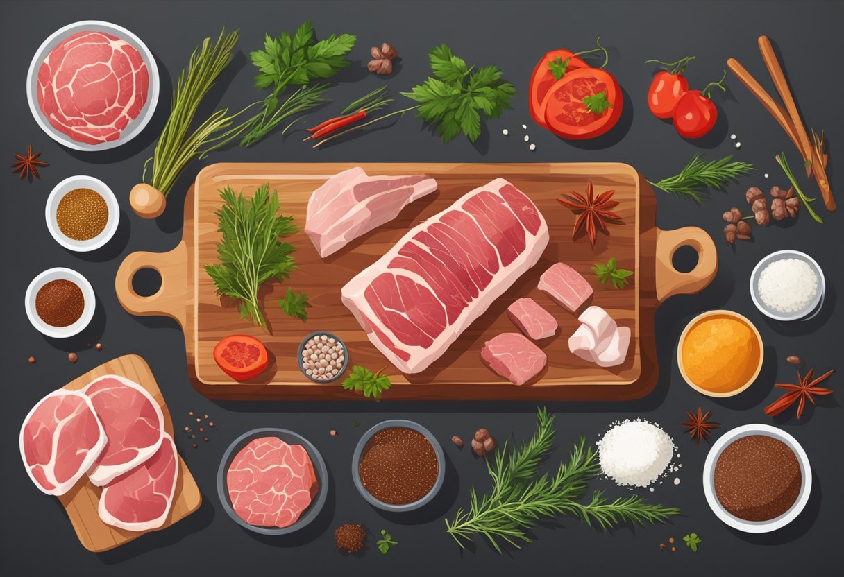 A butcher's table with various cuts of meat, herbs, and spices scattered around, as well as equipment for grinding and mixing ingredients for meat sticks