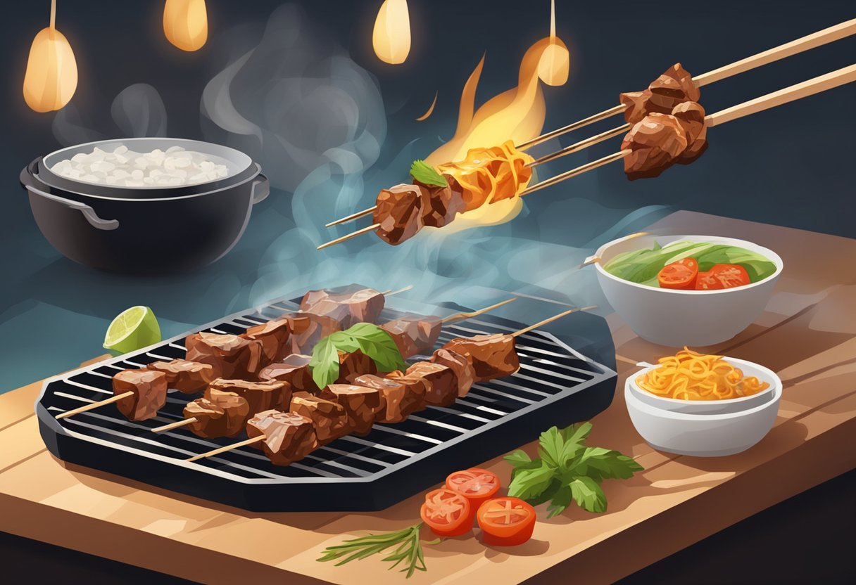 A sizzling grill cooks marinated meat skewers, emitting savory aromas. Ingredients like soy sauce, garlic, and ginger sit nearby