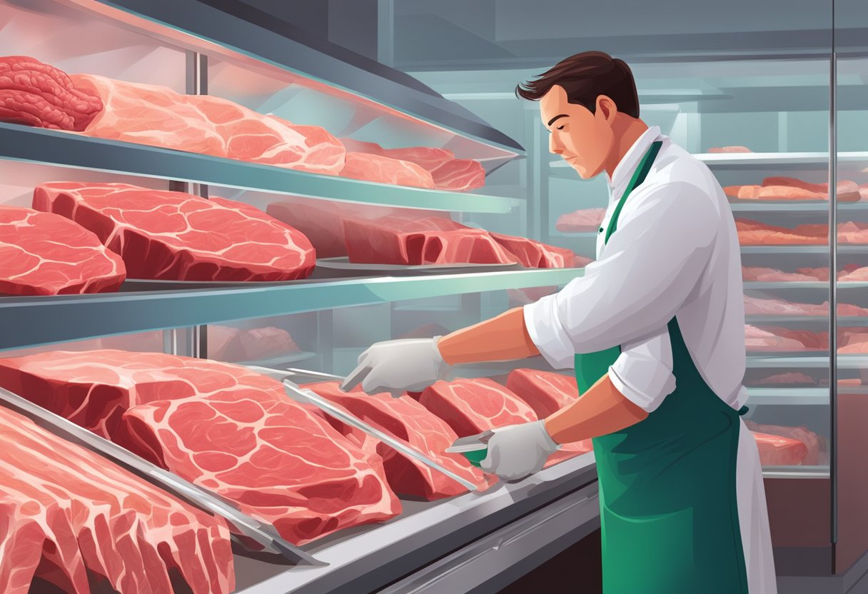 A butcher selecting a prime cut of beef from a display case