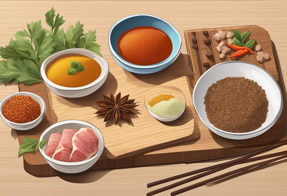 A wooden cutting board with various Asian spices and sauces arranged neatly next to a bowl of raw meat skewers