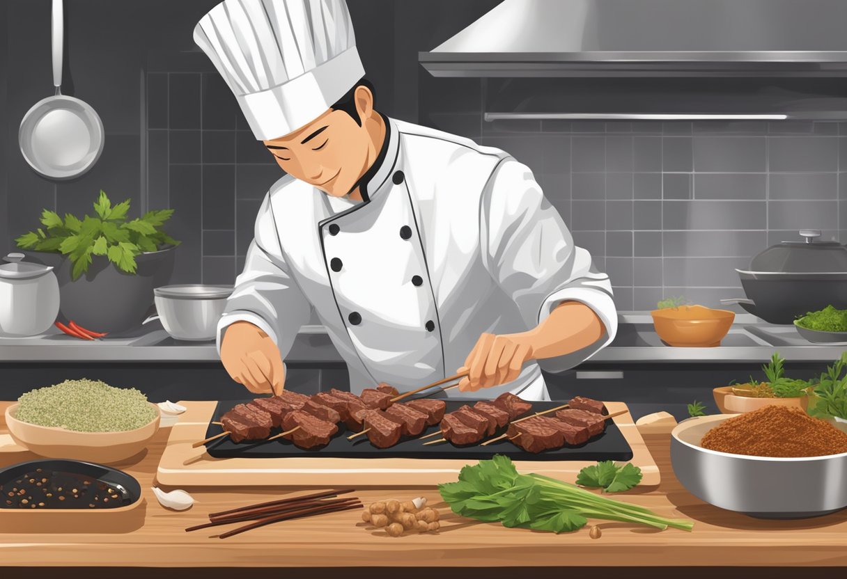 A chef prepares marinated beef skewers with Asian spices and herbs on a wooden cutting board. Bowls of soy sauce, ginger, and garlic sit nearby