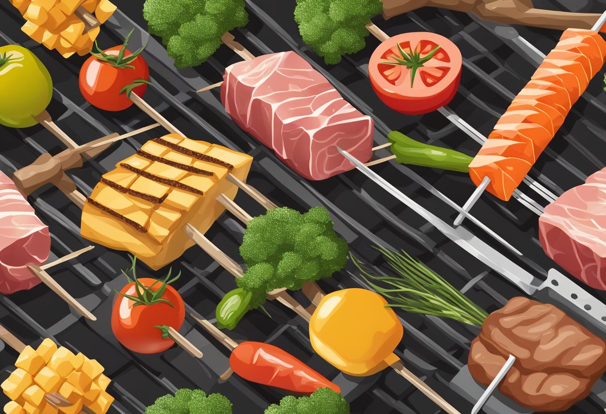 Assorted meats and vegetables being skewered and arranged on a grill for cooking