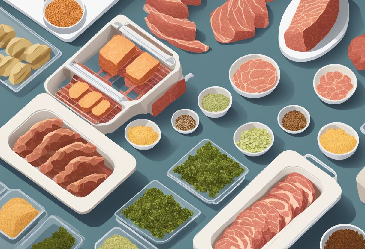 A kitchen counter with various meat dehydrator models displayed, alongside different types of meat and seasonings for drying