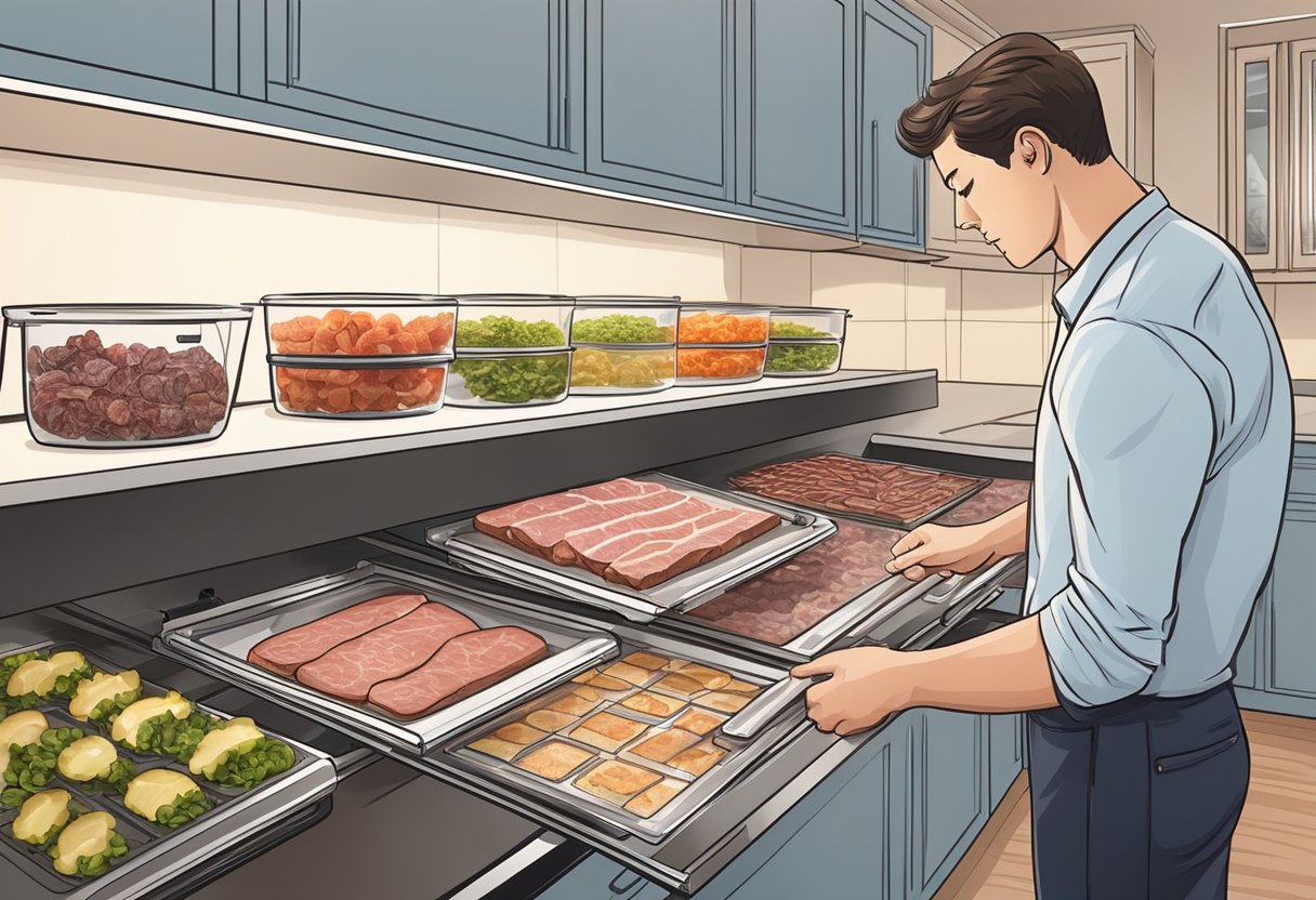 A person carefully selecting a meat dehydrator from a variety of options on a well-lit and organized kitchen countertop