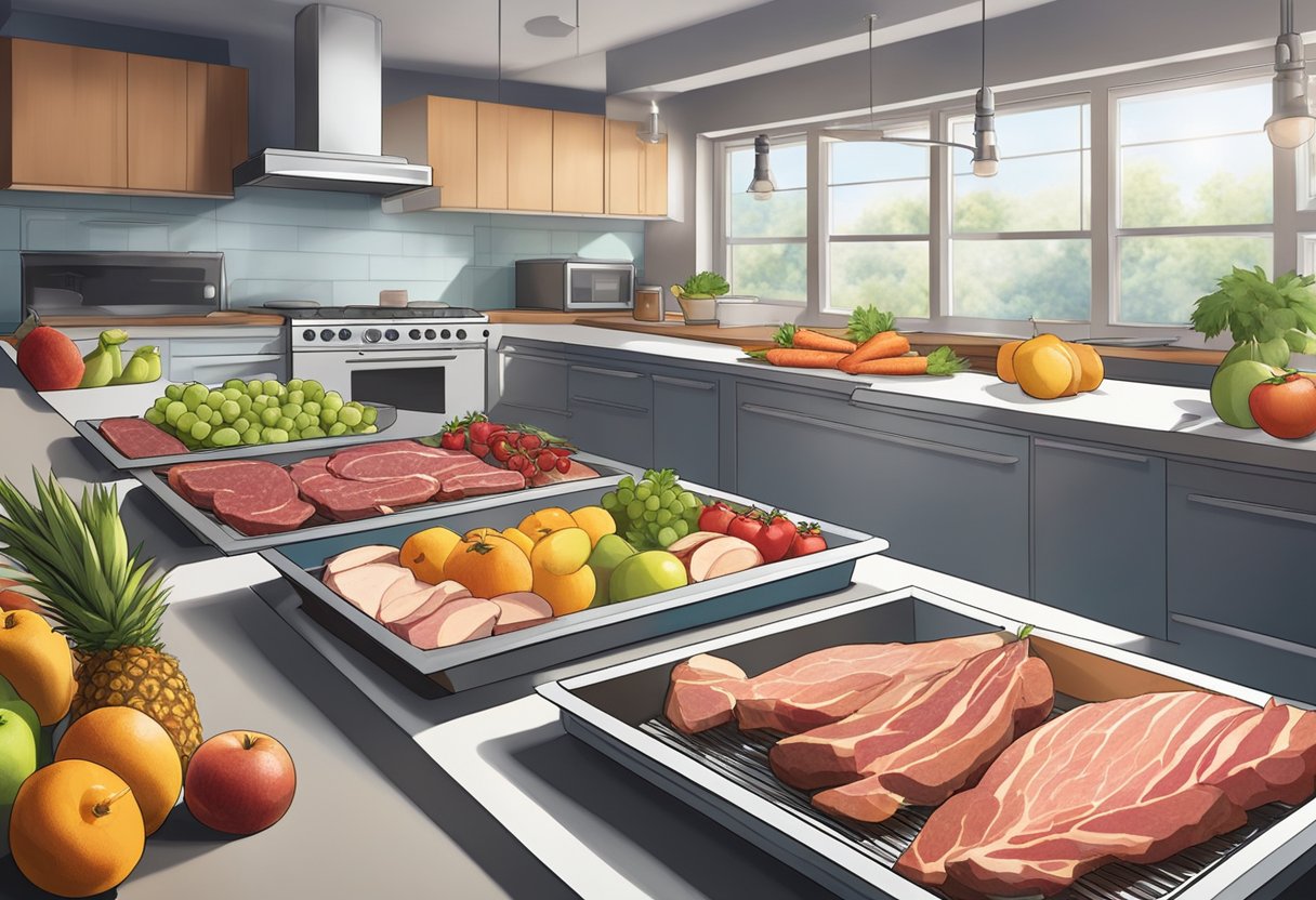 A variety of meats and fruits laid out on a kitchen counter, with a dehydrator in the background