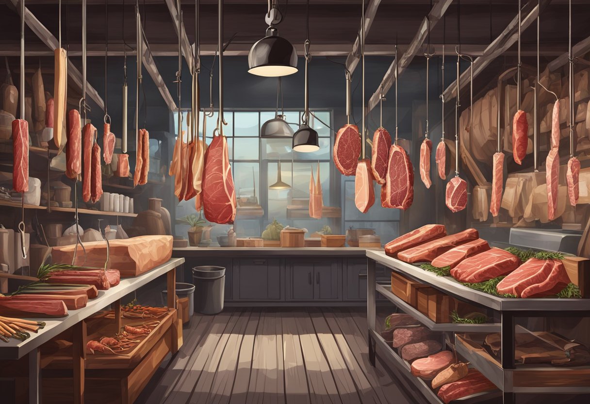 A butcher shop with various types of meat sticks hanging from hooks, surrounded by vintage meat processing equipment