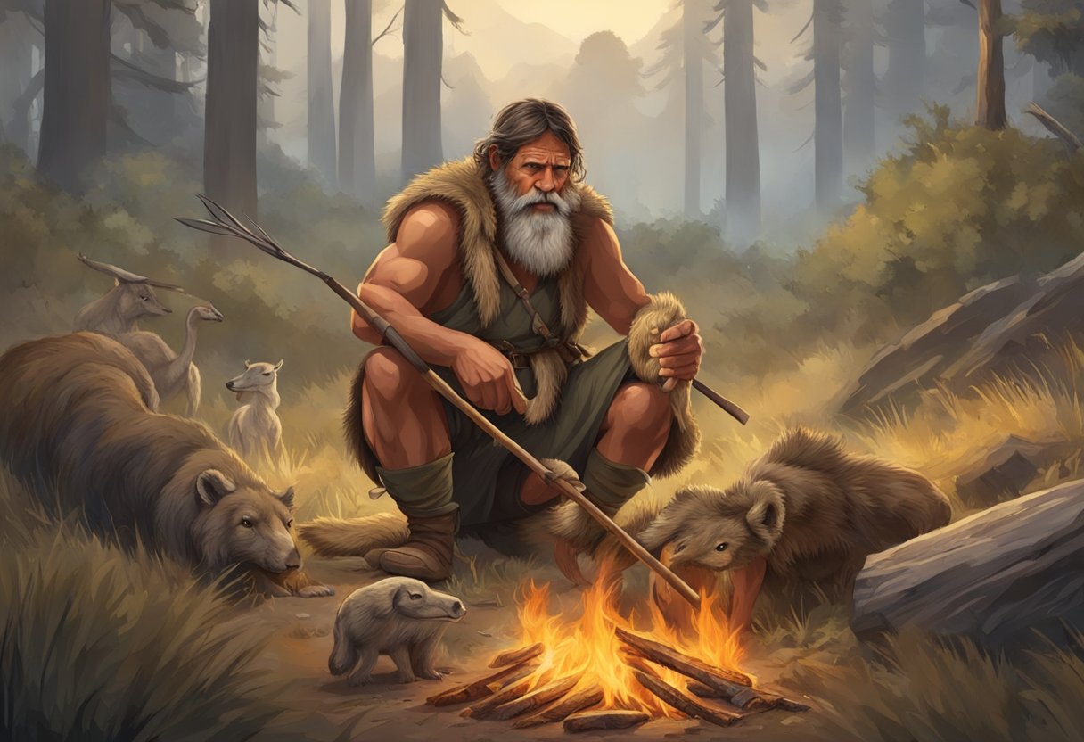 A prehistoric hunter gathers and preserves meat using sticks and fire