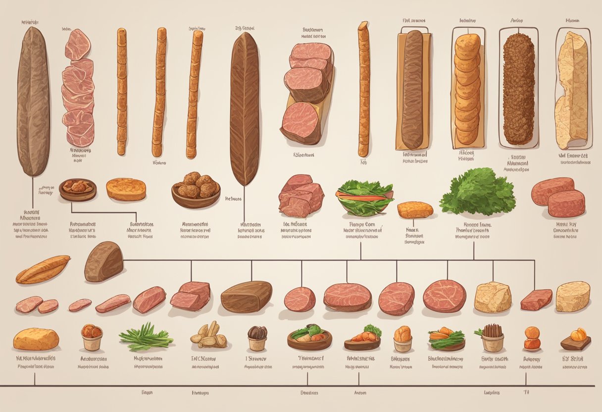 A timeline of meat sticks from prehistoric to modern times, showcasing the various shapes, sizes, and ingredients used throughout history