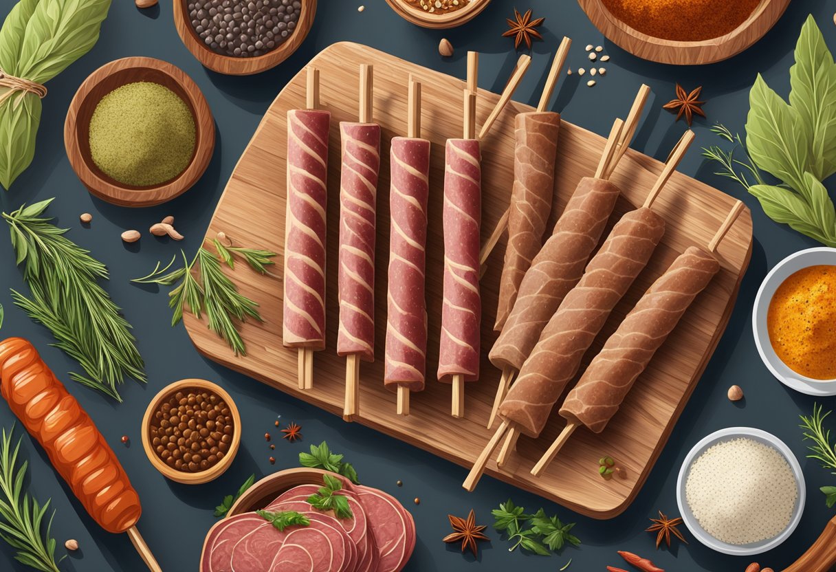 A variety of meat sticks from different regions in the United States displayed on a wooden cutting board, surrounded by spices and herbs