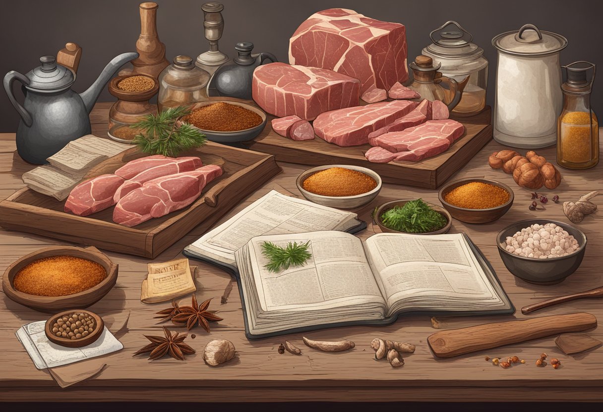 A butcher's table with various meats and spices, surrounded by old cookbooks and historical documents on meat stick production