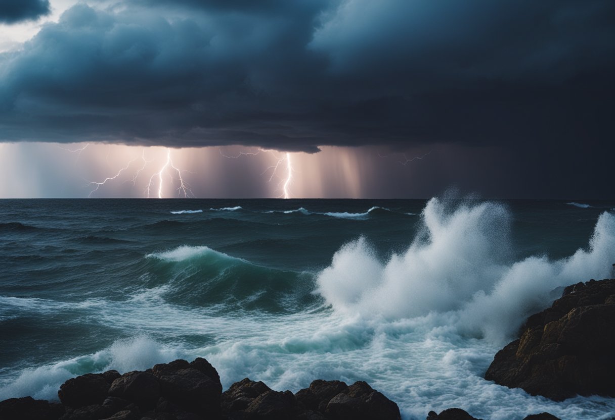 Um céu tempestuoso com relâmpagos atingindo um mar turbulento, evocando emoções intensas de raiva e profunda tristeza.